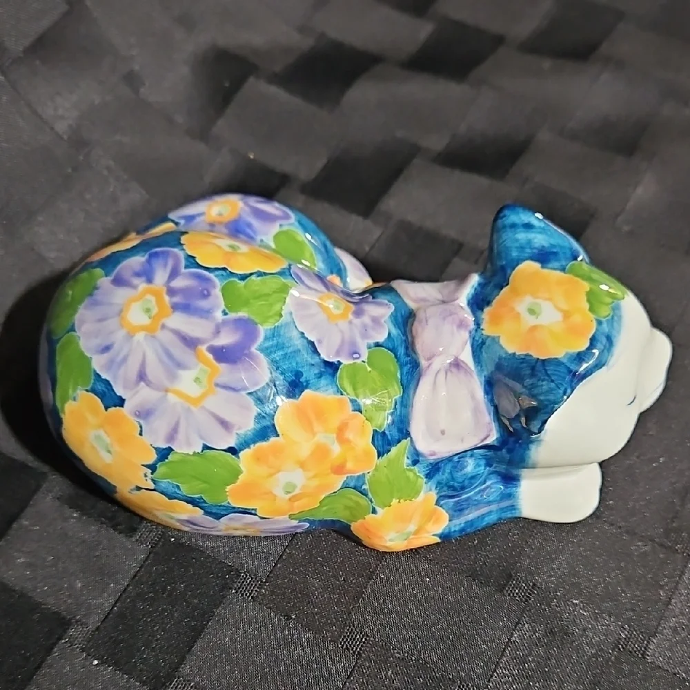 Vintage Andrea by Sadek Porcelain Sleeping Floral Cat Figurine Chinoiserie